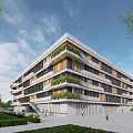 Modern School Building With Glass Facade Open Campus Courtyard Green Plants Flowering Tree And Pedestrians