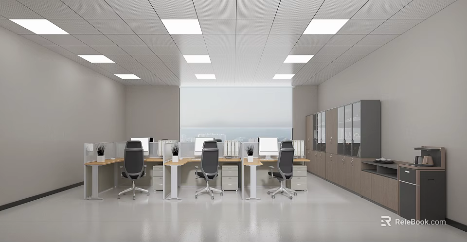 Modern Public Office Space Featuring Workstations Computers Office Chairs Cabinets And Bright Ceiling Lights 3d model