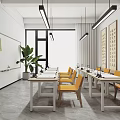 Modern Interior Space With Bookshelves Reception Desk And Orange Chairs