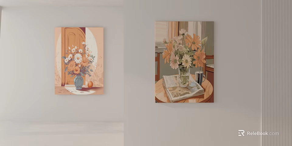Floral Wall Art With Vase Flowers Door Table And Books For Interior Decor 3d model 