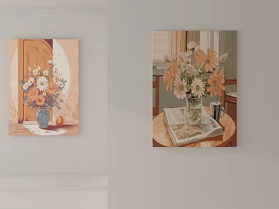 Floral Wall Art With Vase Flowers Door Table And Books For Interior Decor 3d model