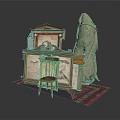 Vintage Classic Decor Setup With Wooden Chair Carved Cabinet Decorative Paintings And Patterned Rug