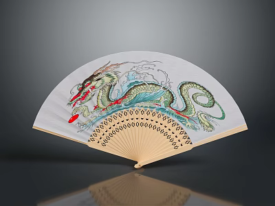 Traditional Chinese Folding Fan With Colorful Dragon Design On White Surface 3d model