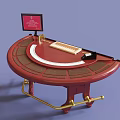 Round Red Casino Entertainment Table with Gold Accents Screen and Chip Tray