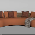 Elegant Orange Curved Sofa With Patterned Cushions Wooden Armrests And Throw Blanket