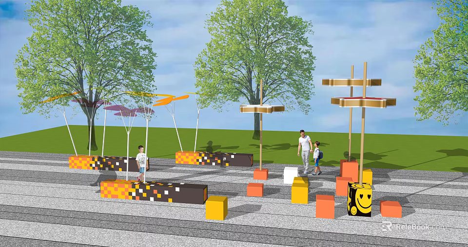 Outdoor Pergola In Park Area With Trees Colorful Block Seats And People 3d model 