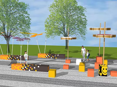 Outdoor Pergola In Park Area With Trees Colorful Block Seats And People 3d model