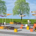 Outdoor Pergola In Park Area With Trees Colorful Block Seats And People