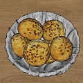 Freshly Baked Golden Yellow Bread Buns With Sesame Seeds in White Plate on Wooden Tabletop
