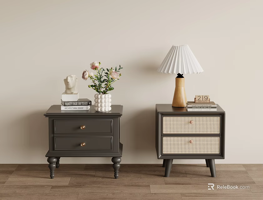 Modern Bedside Tables with Dark Gray Finish Woven Drawer Sculpture Potted Flowers and Table Lamp 3d model 