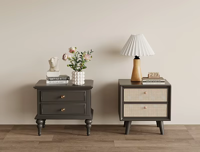 Modern Bedside Tables with Dark Gray Finish Woven Drawer Sculpture Potted Flowers and Table Lamp 3d model