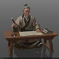 Man in traditional clothing sitting at wooden table holding scroll with books and paper