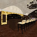 Bar Interior With Arched Ceiling Chandeliers Gold-Patterned Wall And Herringbone Wooden Floor
