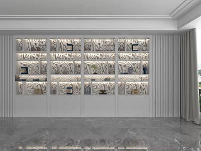 Modern Style Storage Shelf Featuring Multiple Compartments Decorations Lighting Strips Textured Wall and Marble Floor 3d model