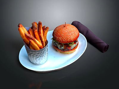 Delicious Hamburger With Crispy Fries Served on White Plate And Purple Napkin 3d model