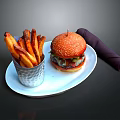Delicious Hamburger With Crispy Fries Served on White Plate And Purple Napkin