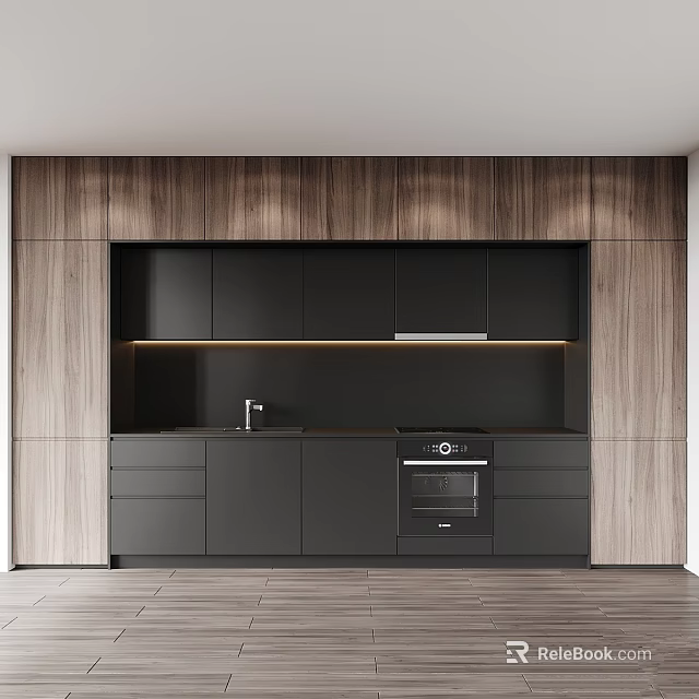 Modern Kitchen With Black Wooden Cabinets And Sleek Integrated Oven Design 3d model 