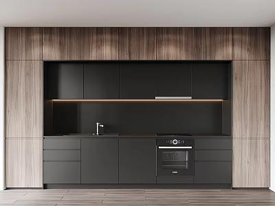 Modern Kitchen With Black Wooden Cabinets And Sleek Integrated Oven Design 3d model
