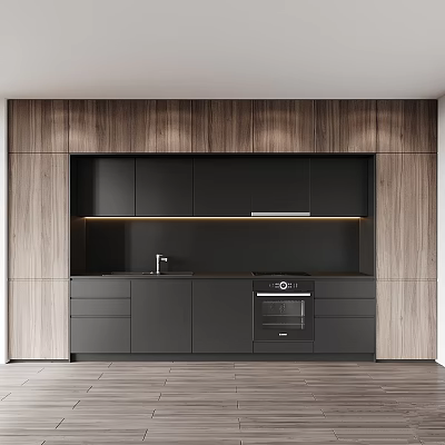Modern Kitchen With Black Wooden Cabinets And Sleek Integrated Oven Design 3d model