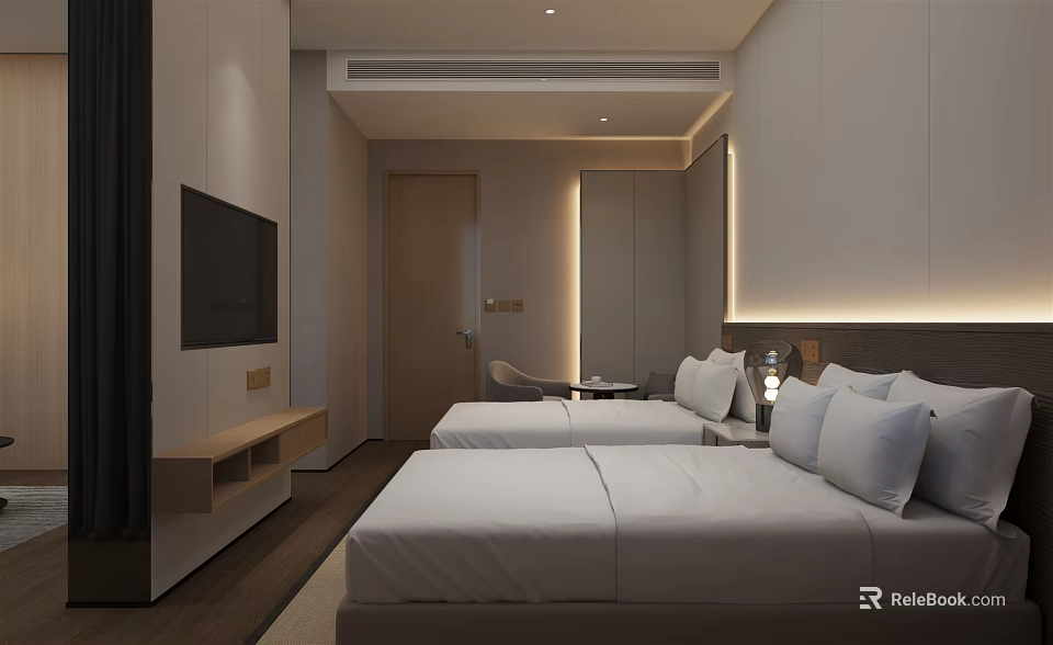 Modern Hotel Twin Room Interior With White Linens Flat Screen TV And Wooden Nightstand 3d model 