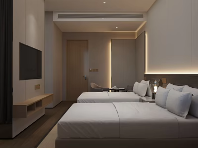 Modern Hotel Twin Room Interior With White Linens Flat Screen TV And Wooden Nightstand 3d model