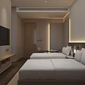Modern Hotel Twin Room Interior With White Linens Flat Screen TV And Wooden Nightstand