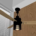 Modern Black Ceiling Fan With Light And Wooden Blades Near Window Blinds