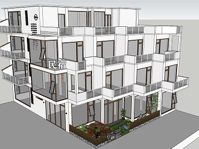 Modern Multi Story Guesthouse Building With Balconies Glass Windows And Greenery 3d model