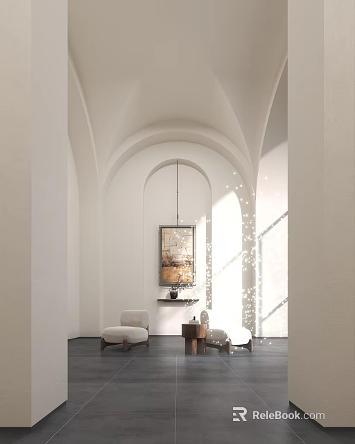 Elegant Modern Entryway Hallway With Arched Doorways White Walls Hanging Art Accent Chairs And Sunlight 3d model 