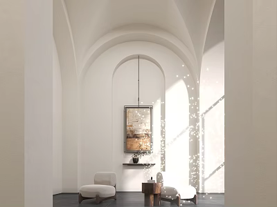 Elegant Modern Entryway Hallway With Arched Doorways White Walls Hanging Art Accent Chairs And Sunlight 3d model