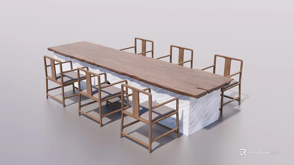 Long Wooden Dining Table Set With Matching Chairs And Simple Design 3d model