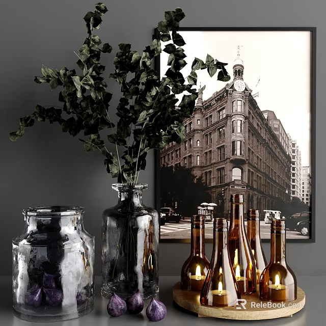 Elegant Ornamental Decor Set With Greenery Vases Bottles And Vintage Building Wall Art 3d model 