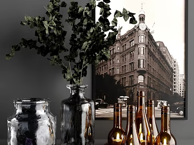 Elegant Ornamental Decor Set With Greenery Vases Bottles And Vintage Building Wall Art 3d model