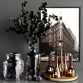 Elegant Ornamental Decor Set With Greenery Vases Bottles And Vintage Building Wall Art