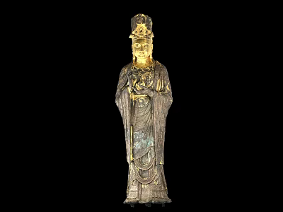 Golden Buddha Sculpture Carving with Crown Holding Object and Standing on Black Background 3d model