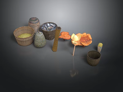 Bamboo And Wooden Kitchen Storage Containers With Beans Shellfish Mushrooms And Skewer 3d model
