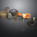 Bamboo And Wooden Kitchen Storage Containers With Beans Shellfish Mushrooms And Skewer