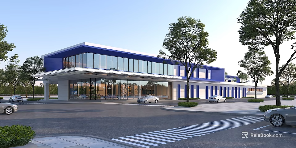 Modern Office Building With Blue White Exterior Large Glass Curtain Walls Parking Lot And Trees 3d model 