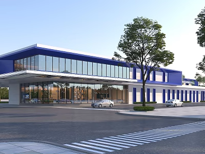 Modern Office Building With Blue White Exterior Large Glass Curtain Walls Parking Lot And Trees 3d model