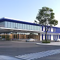 Modern Office Building With Blue White Exterior Large Glass Curtain Walls Parking Lot And Trees