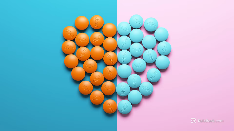 Heart Shaped Arrangement of Orange and Blue Pills on Blue and Pink Background 3d model 