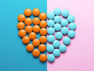 Heart Shaped Arrangement of Orange and Blue Pills on Blue and Pink Background 3d model