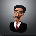 3D Male Character With Glasses Mustache Pipe Black Suit Red Tie And White Shirt