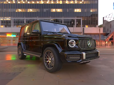 Shiny Black Mercedes G Class Car In Evening City With Modern Building Background 3d model