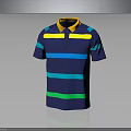 Navy Blue Short Sleeved Polo Shirt With Yellow Collar And Blue Green Yellow Stripes Design