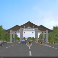Chinese Style Roof Toll Gate With Vehicles On Road And Green Trees Around