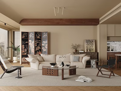 Modern Living and Dining Room Interior With Sofa Coffee Table Dining Table And Artwork 3d model