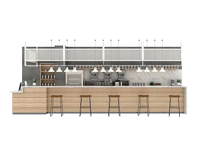 Modern Wooden Bar Counter Design With Metal Stools Pendant Lights And Shelves 3d model