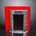 Silver Metal Bathroom Urinal With Red Background And Blue Please Urinate Sign