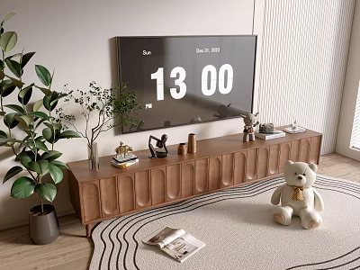 Wooden Entryway Side Cabinet With Arched Design Decorated By Plants Books And Teddy Bear 3d model
